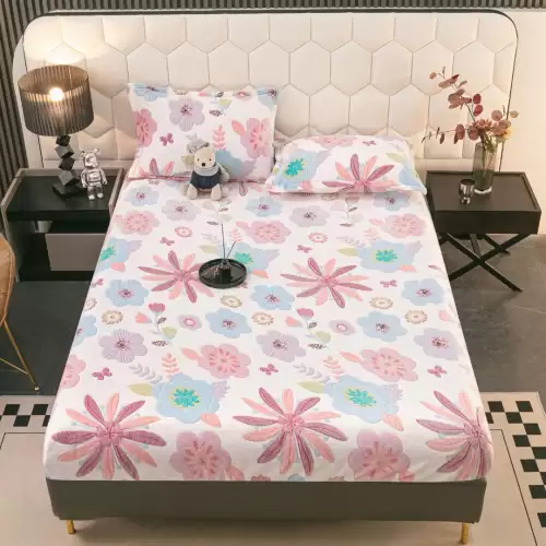 Cearsaf CoCoLiNo, JoJo Home, cu Elastic, 180x200x25cm, 2 fete de perne, 50x70cm, Alb, Roz, Flori Mari