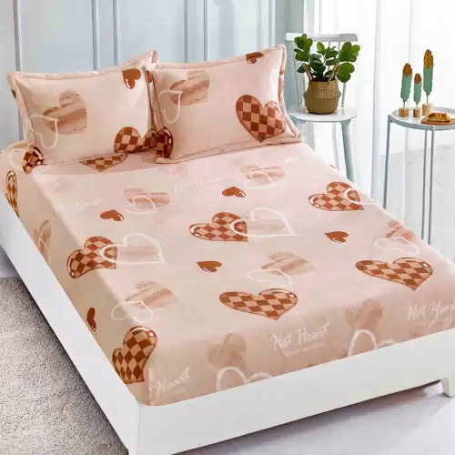 Cearsaf CoCoLiNo, JoJo Home, cu Elastic, 180x200x25cm, 2 fete de perne, 50x70cm, Maro, inimioare