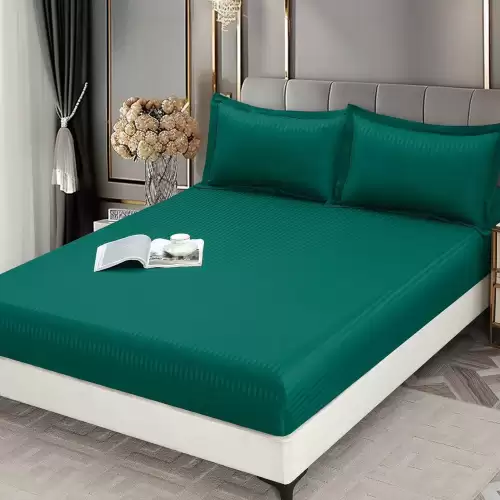 Cearsaf cu Elastic 180x200 cm Damasc Finetat, 70% Bumbac, si 2 Fete de Perna 50x70 cm, Verde