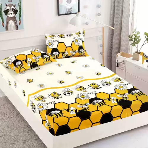 Cearsaf cu elastic, Bumbac FINET, 160/180x200cm, 2 fete de perne 50x70cm, Jojo Home, Galben, flori, albinute