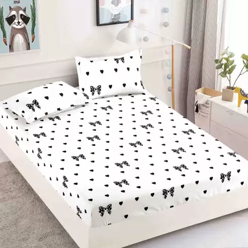 Cearsaf cu elastic, Bumbac FINET, 90x200cm, 2 fete de perne 50x70cm, Jojo Home, Alb, Fundite si Buline Negre