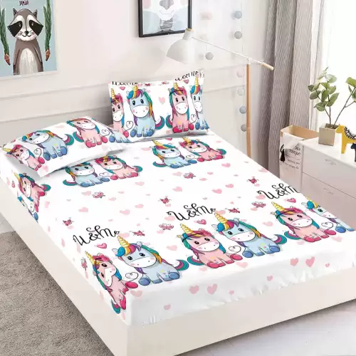 Cearsaf cu elastic, Bumbac FINET, 90x200cm, 2 fete de perne 50x70cm, Jojo Home, Alb, Unicorn