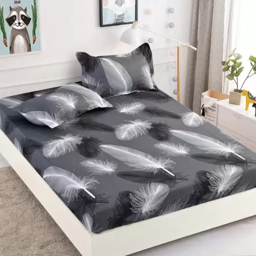 Cearsaf cu elastic, Bumbac FINET, 90x200cm, 2 fete de perne 50x70cm, Jojo Home, Gri-Negru, pene