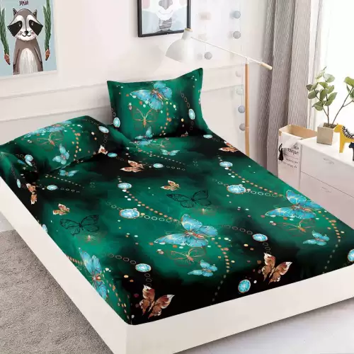 Cearsaf cu elastic, Bumbac FINET, 90x200cm, 2 fete de perne 50x70cm, Jojo Home, Verde, Fluturi