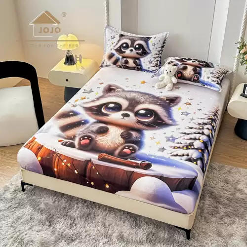 Cearsaf cu elastic, Bumbac FINET, Imprimeu 5D Identic cu Poza, 160x200cm, 2 fete de perne 50x70cm, Jojo Home, Alb, Raton