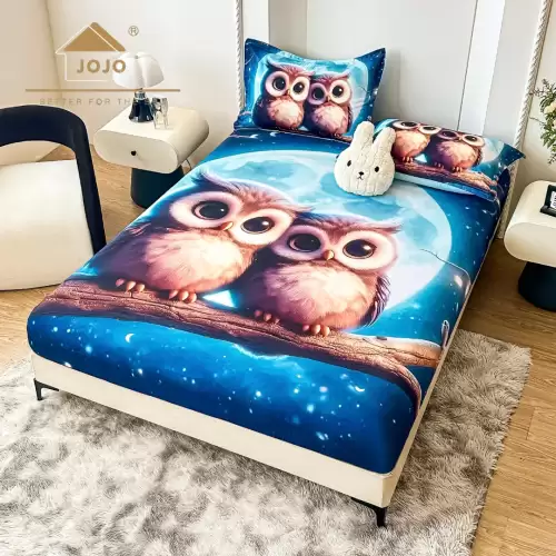 Cearsaf cu elastic, Bumbac FINET, Imprimeu 5D Identic cu Poza, 160x200cm, 2 fete de perne 50x70cm, Jojo Home, Albastru, Bufnite