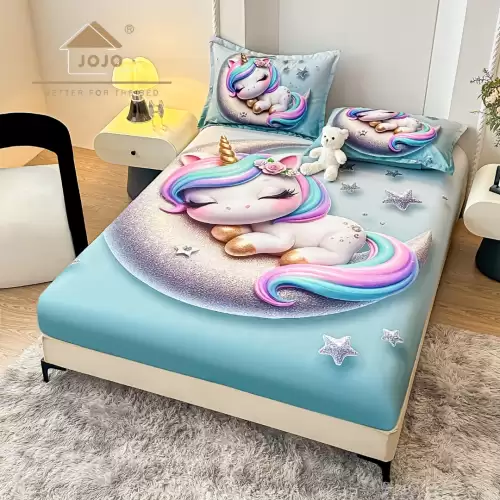 Cearsaf cu elastic, Bumbac FINET, Imprimeu 5D Identic cu Poza, 160x200cm, 2 fete de perne 50x70cm, Jojo Home, Bleu, Unicorn