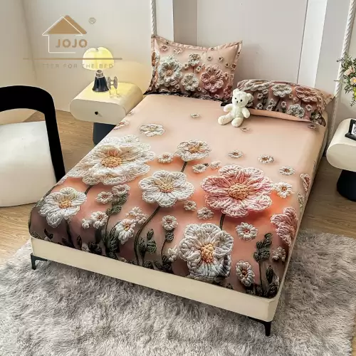 Cearsaf cu elastic, Bumbac FINET, Imprimeu 5D Identic cu Poza, 160x200cm, 2 fete de perne 50x70cm, Jojo Home, Gri, Somon, Flori Crosetate