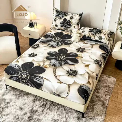 Cearsaf cu elastic, Bumbac FINET, Imprimeu 5D Identic cu Poza, 160x200cm, 2 fete de perne 50x70cm, Jojo Home, Ivoire, Negru, Flori