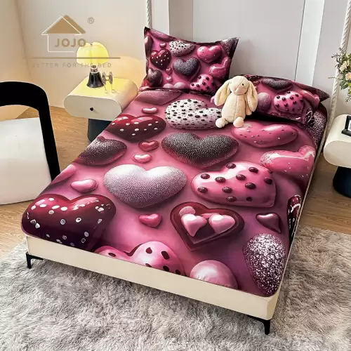 Cearsaf cu elastic, Bumbac FINET, Imprimeu 5D Identic cu Poza, 160x200cm, 2 fete de perne 50x70cm, Jojo Home, Roz, Bomboane de Ciocolata