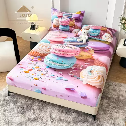 Cearsaf cu elastic, Bumbac FINET, Imprimeu 5D Identic cu Poza, 160x200cm, 2 fete de perne 50x70cm, Jojo Home, Roz, Macarons