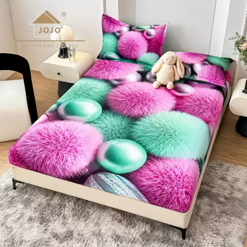 Cearsaf cu elastic, Bumbac FINET, Imprimeu 5D Identic cu Poza, 160x200cm, 2 fete de perne 50x70cm, Jojo Home, Roz, Menta, Sfere Pufoase