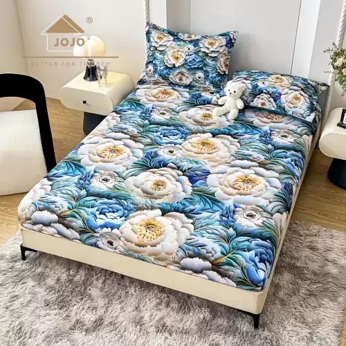 Cearsaf cu elastic, Bumbac FINET, Imprimeu 5D Identic cu Poza, 160x200cm, 2 fete de perne 50x70cm, Jojo Home, Turquoise, Alb, flori