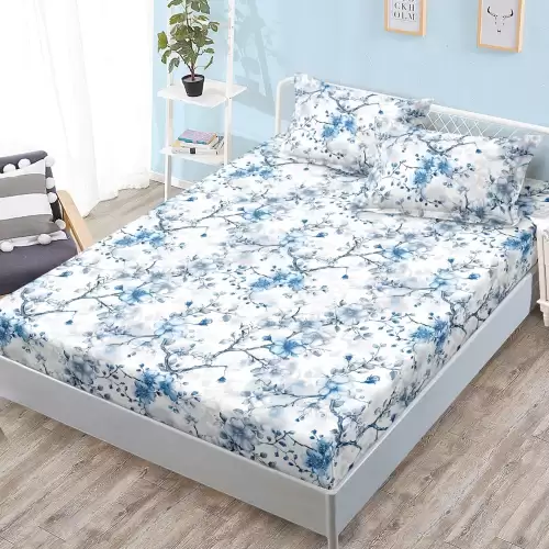 Cearsaf cu Elastic, Bumbac Satinat, 160x200 cm + 2 Fete de Perna 50x70 cm, Alb, Albastru, floricele