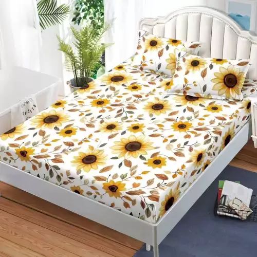 Cearsaf cu Elastic, Bumbac Satinat, 160x200 cm + 2 Fete de Perna 50x70 cm, Alb, floarea soarelui