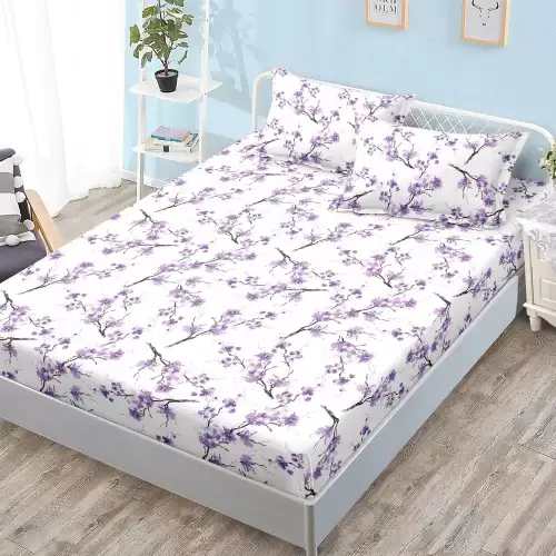 Cearsaf cu Elastic, Bumbac Satinat, 160x200 cm + 2 Fete de Perna 50x70 cm, Alb, floricele mov