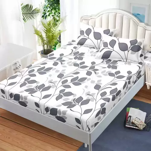 Cearsaf cu Elastic, Bumbac Satinat, 160x200 cm + 2 Fete de Perna 50x70 cm, Alb, frunze gri