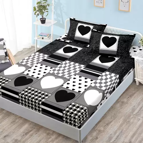 Cearsaf cu Elastic, Bumbac Satinat, 160x200 cm + 2 Fete de Perna 50x70 cm, Alb, Negru, inimioare
