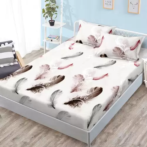 Cearsaf cu Elastic, Bumbac Satinat, 160x200 cm + 2 Fete de Perna 50x70 cm, Alb, pene