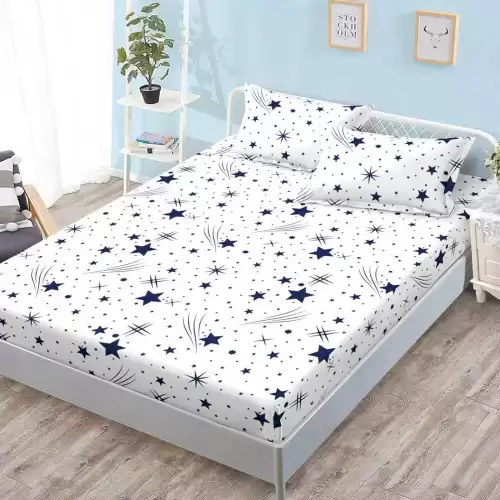 Cearsaf cu Elastic, Bumbac Satinat, 160x200 cm + 2 Fete de Perna 50x70 cm, Alb, stelute albastre