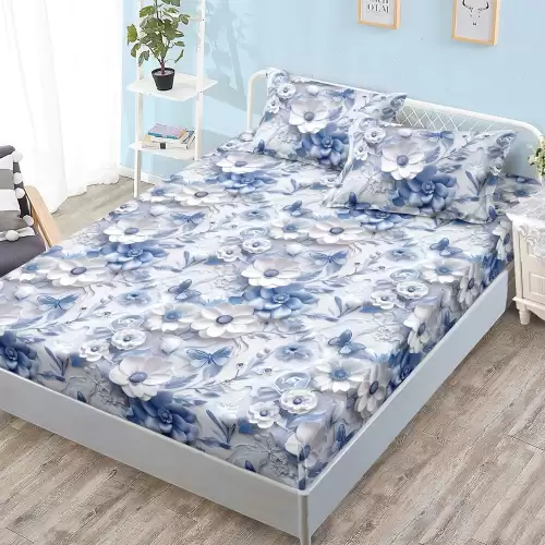 Cearsaf cu Elastic, Bumbac Satinat, 160x200 cm + 2 Fete de Perna 50x70 cm, Albastru, floricele