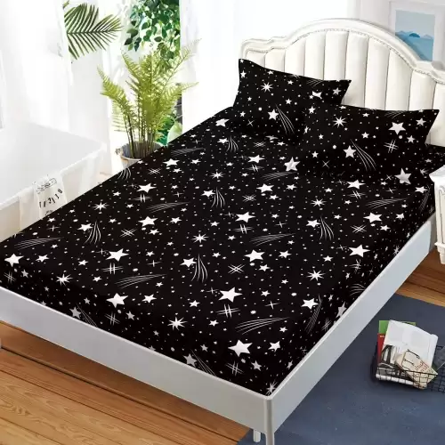 Cearsaf cu Elastic, Bumbac Satinat, 160x200 cm + 2 Fete de Perna 50x70 cm, Albastru, ploaie de stele