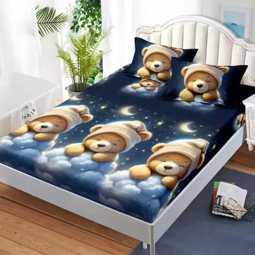 Cearsaf cu Elastic, Bumbac Satinat, 160x200 cm + 2 Fete de Perna 50x70 cm, Albastru, ursuleti