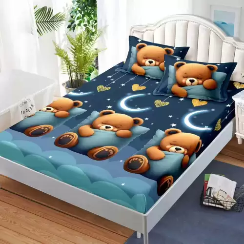 Cearsaf cu Elastic, Bumbac Satinat, 160x200 cm + 2 Fete de Perna 50x70 cm, Albastru, ursuleti