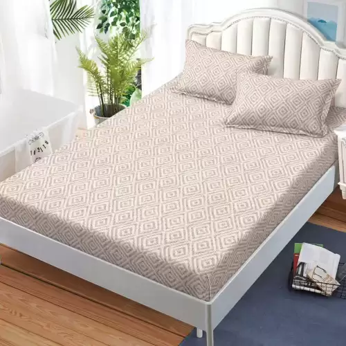 Cearsaf cu Elastic, Bumbac Satinat, 160x200 cm + 2 Fete de Perna 50x70 cm, Bej, abstract