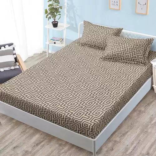 Cearsaf cu Elastic, Bumbac Satinat, 160x200 cm + 2 Fete de Perna 50x70 cm, Bej, abstract