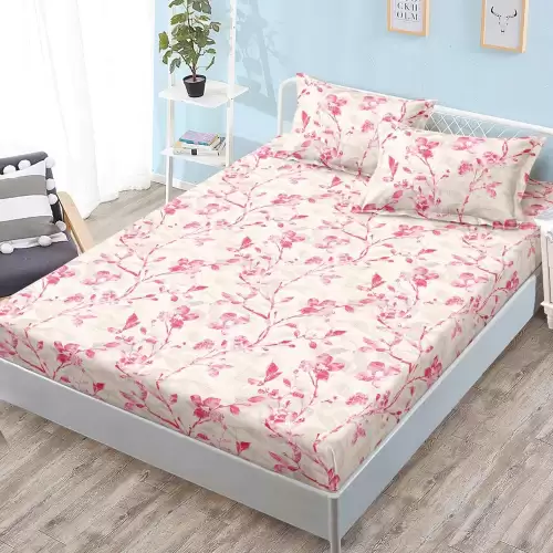 Cearsaf cu Elastic, Bumbac Satinat, 160x200 cm + 2 Fete de Perna 50x70 cm, Bej, flori roz