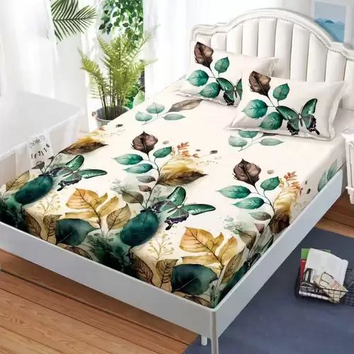 Cearsaf cu Elastic, Bumbac Satinat, 160x200 cm + 2 Fete de Perna 50x70 cm, Crem, frunze toamna