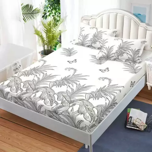 Cearsaf cu Elastic, Bumbac Satinat, 160x200 cm + 2 Fete de Perna 50x70 cm, Crem, frunze