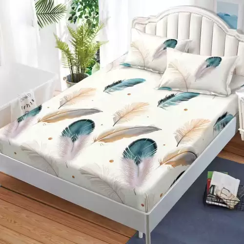 Cearsaf cu Elastic, Bumbac Satinat, 160x200 cm + 2 Fete de Perna 50x70 cm, Crem, pene colorate