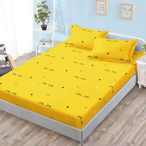 Cearsaf cu Elastic, Bumbac Satinat, 160x200 cm + 2 Fete de Perna 50x70 cm, Galben, gene