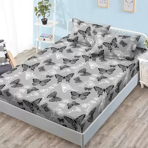 Cearsaf cu Elastic, Bumbac Satinat, 160x200 cm + 2 Fete de Perna 50x70 cm, Gri, fluturi