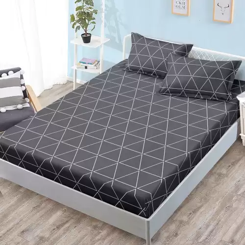 Cearsaf cu Elastic, Bumbac Satinat, 160x200 cm + 2 Fete de Perna 50x70 cm, Gri, triughiuri