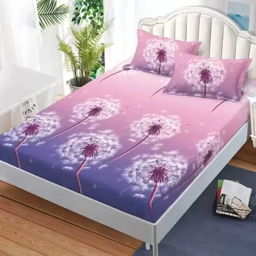 Cearsaf cu Elastic, Bumbac Satinat, 160x200 cm + 2 Fete de Perna 50x70 cm, Lila, papadii