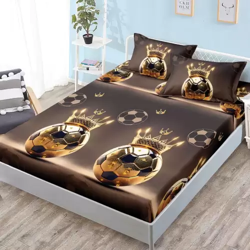 Cearsaf cu Elastic, Bumbac Satinat, 160x200 cm + 2 Fete de Perna 50x70 cm, Maro, minge de fotbal