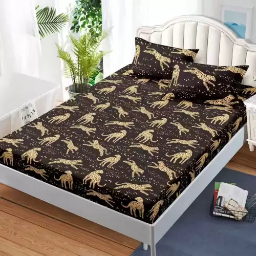 Cearsaf cu Elastic, Bumbac Satinat, 160x200 cm + 2 Fete de Perna 50x70 cm, Negru, leoparzi