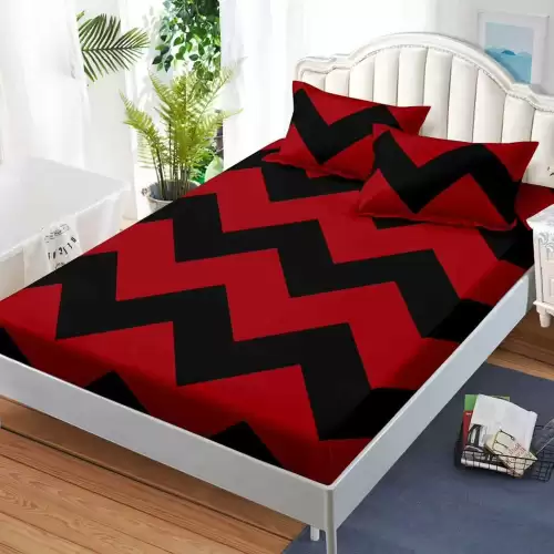 Cearsaf cu Elastic, Bumbac Satinat, 160x200 cm + 2 Fete de Perna 50x70 cm, Negru, Rosu, zig-zag