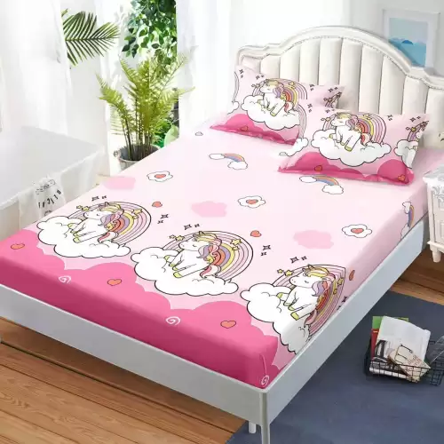 Cearsaf cu Elastic, Bumbac Satinat, 160x200 cm + 2 Fete de Perna 50x70 cm, Roz, unicorni
