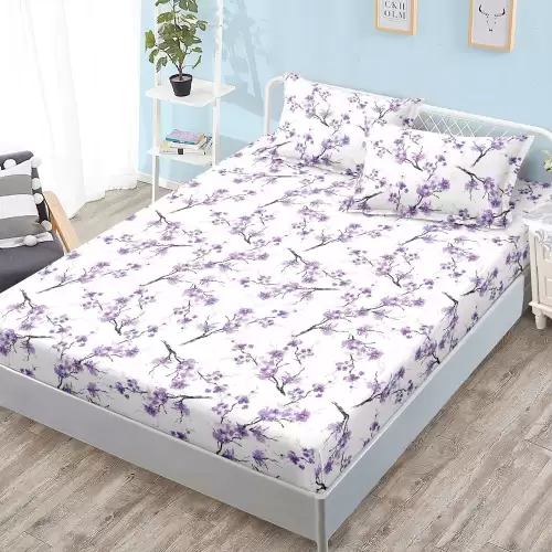 Cearsaf cu Elastic, Bumbac Satinat, 180x200 cm + 2 Fete de Perna 50x70 cm, Alb, floricele mov