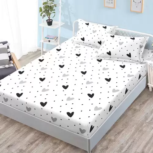 Cearsaf cu Elastic, Bumbac Satinat, 180x200 cm + 2 Fete de Perna 50x70 cm, Alb, inimioare