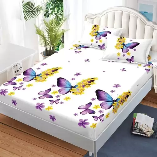 Cearsaf cu Elastic, Bumbac Satinat, 180x200 cm + 2 Fete de Perna 50x70 cm, Alb, Mov, Fluturi