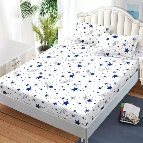 Cearsaf cu Elastic, Bumbac Satinat, 180x200 cm + 2 Fete de Perna 50x70 cm, Alb, Ploaie de stele