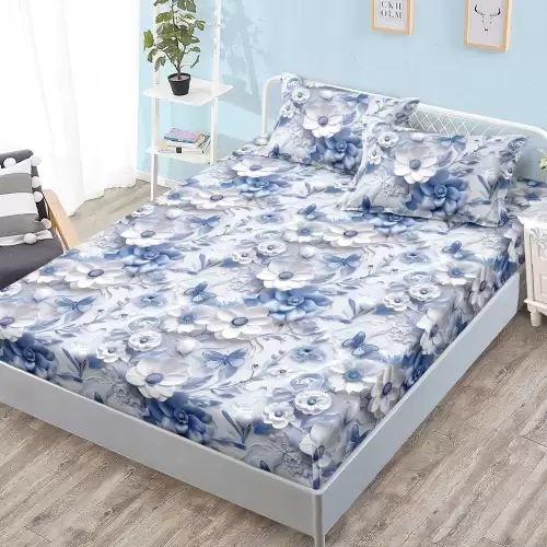 Cearsaf cu Elastic, Bumbac Satinat, 180x200 cm + 2 Fete de Perna 50x70 cm, Albastru, flori