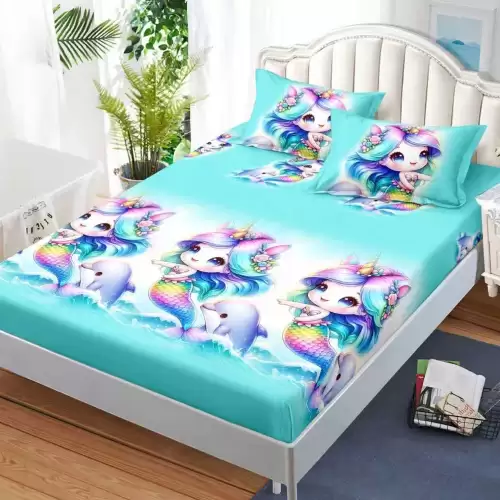 Cearsaf cu Elastic, Bumbac Satinat, 180x200 cm + 2 Fete de Perna 50x70 cm, Albastru, sirene si delfini