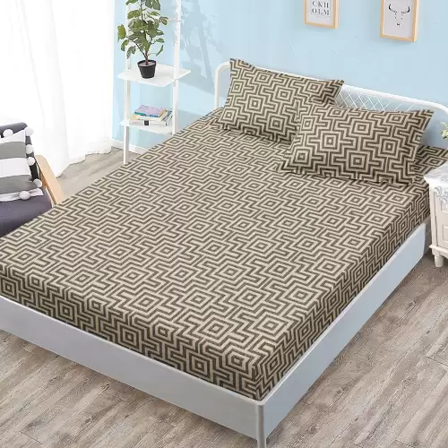 Cearsaf cu Elastic, Bumbac Satinat, 180x200 cm + 2 Fete de Perna 50x70 cm, Bej, dungi