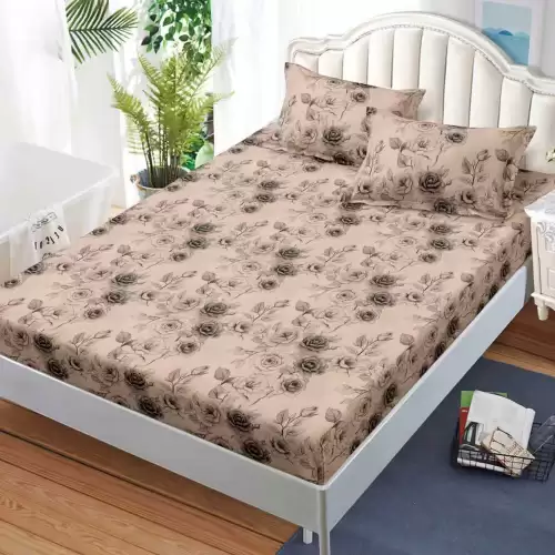 Cearsaf cu Elastic, Bumbac Satinat, 180x200 cm + 2 Fete de Perna 50x70 cm, Bej, trandafiri